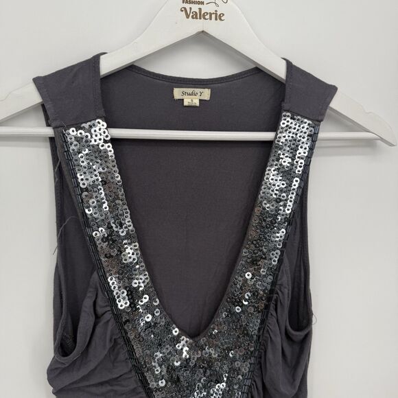 Studio Y Gray Sequin Long Stretchy Tank Top Size Small Y2k Style - Picture 2 of 9